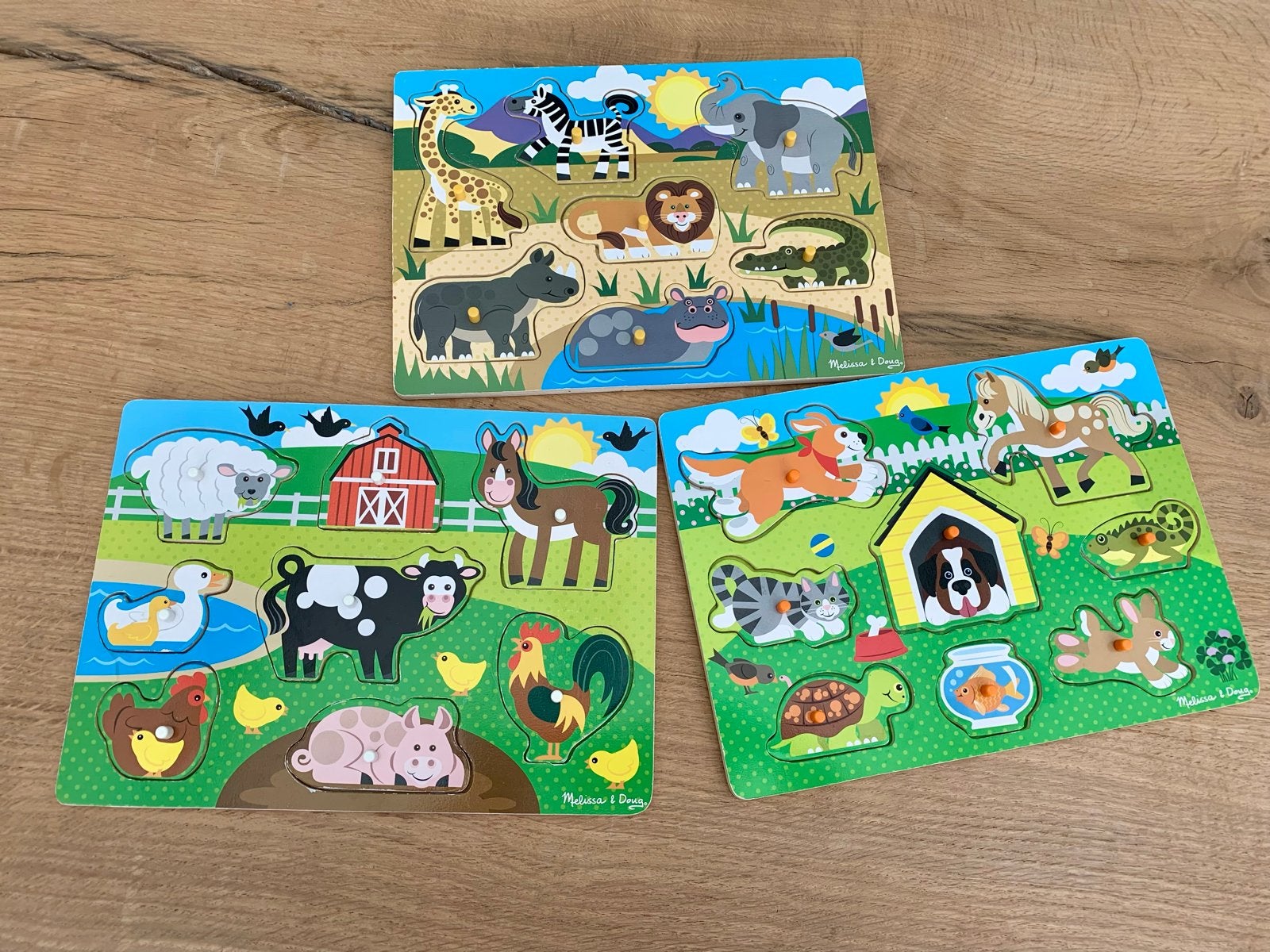 3 Melissa & Doug Puzzels - Boerderij, Huisdieren, Safari, Ophalen, 2 tot 4 jaar, Gebruikt, Van hout