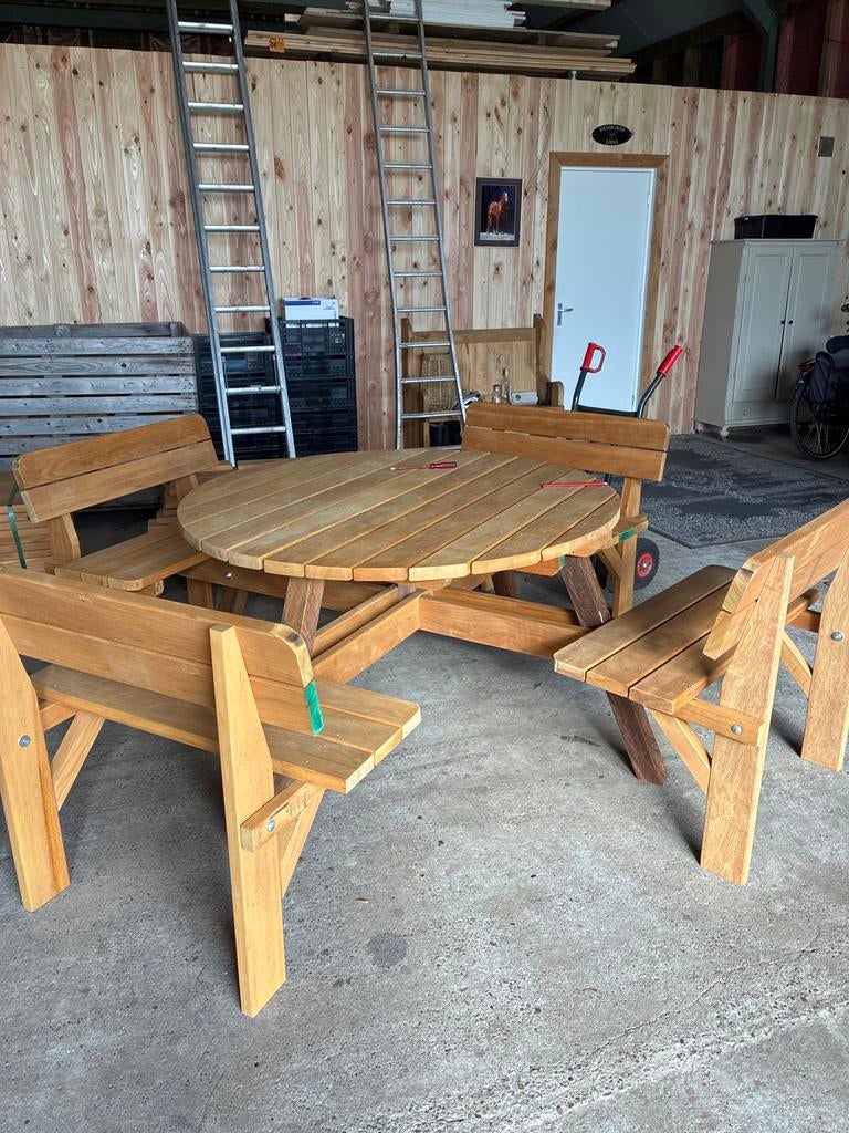 Robuuste hardhouten picknicktafel - Rond model, Tuin en Terras, Picknicktafels, Ophalen, Nieuw, Rond, Hout