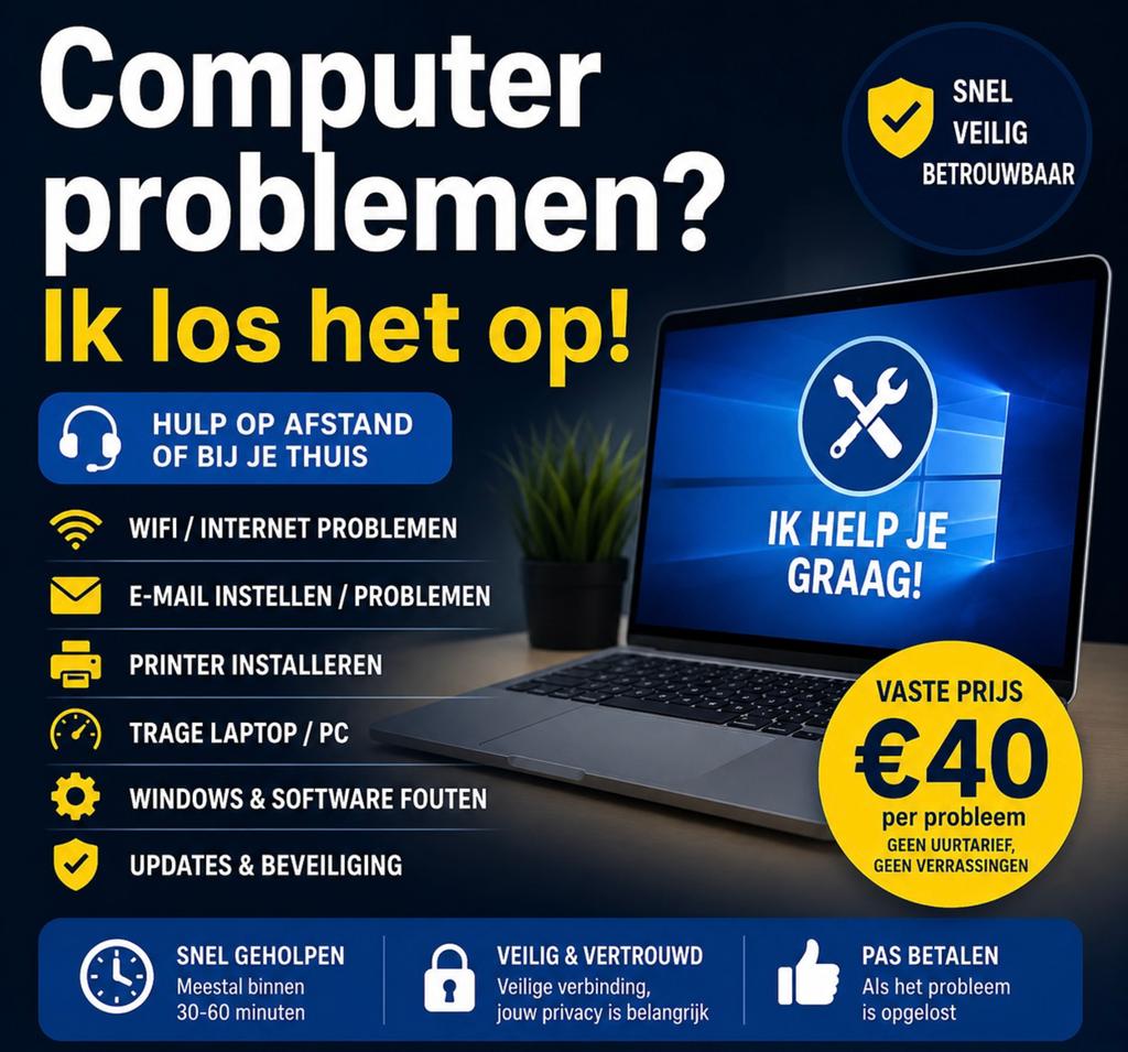 Computer ondersteuning/problemen opgelost voor een vaste pr., Ophalen, Zo goed als nieuw, Onbekend