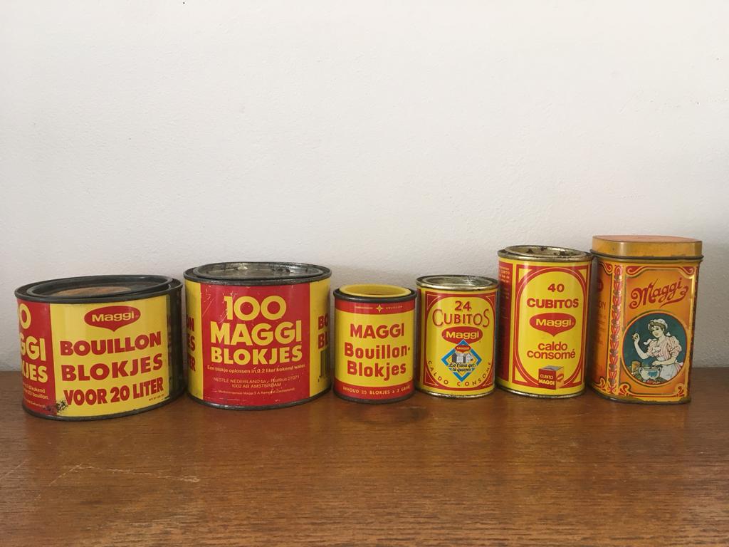 Oude Maggi bouillonblikjes blikken retro vintage verzameling, Verzenden, Gebruikt, Overige