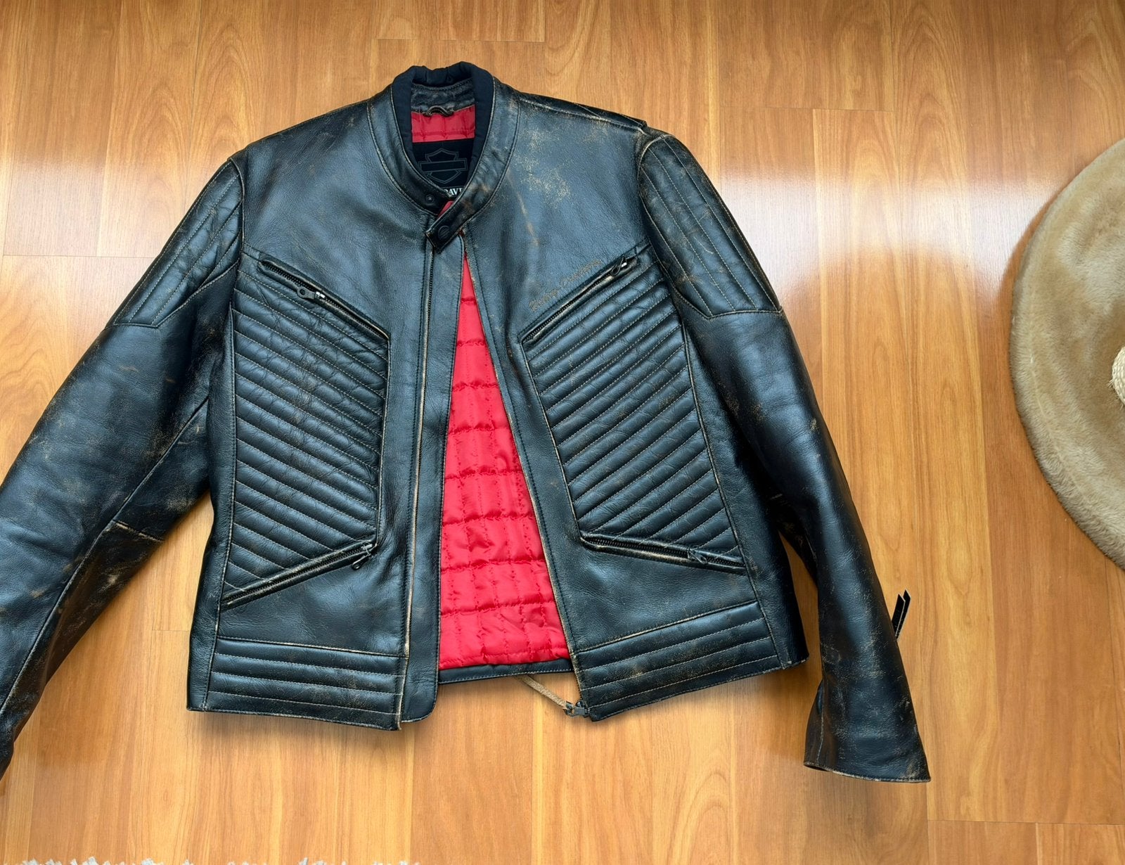 Harley-Davidson leren motorjas – zwart met rode voering, Ophalen of Verzenden, Tweedehands, Jas | leer