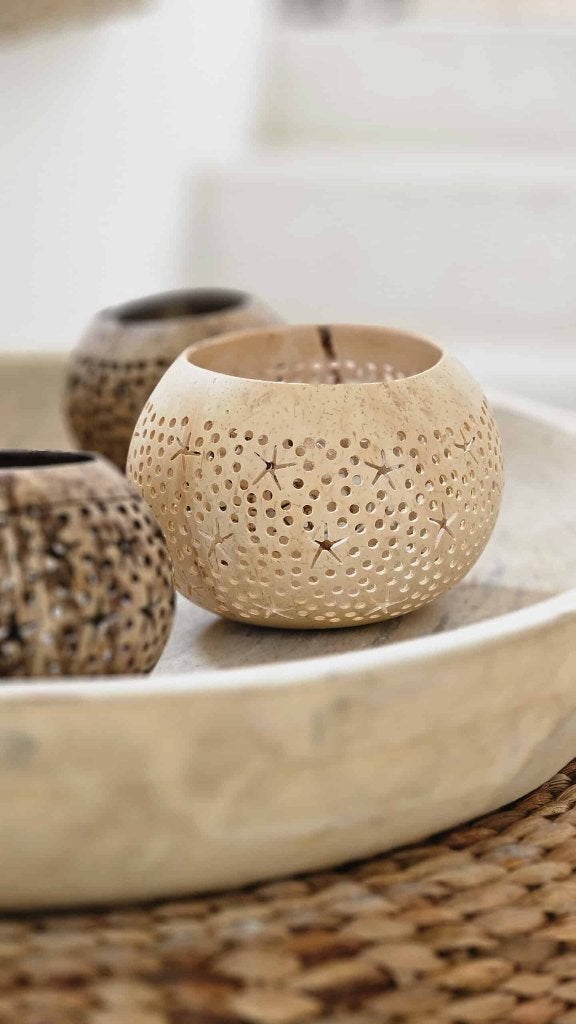 theelichten van kokosnoot, 10 cm, Natuurlijk materiaal, Waxinelichthouder, Nieuw