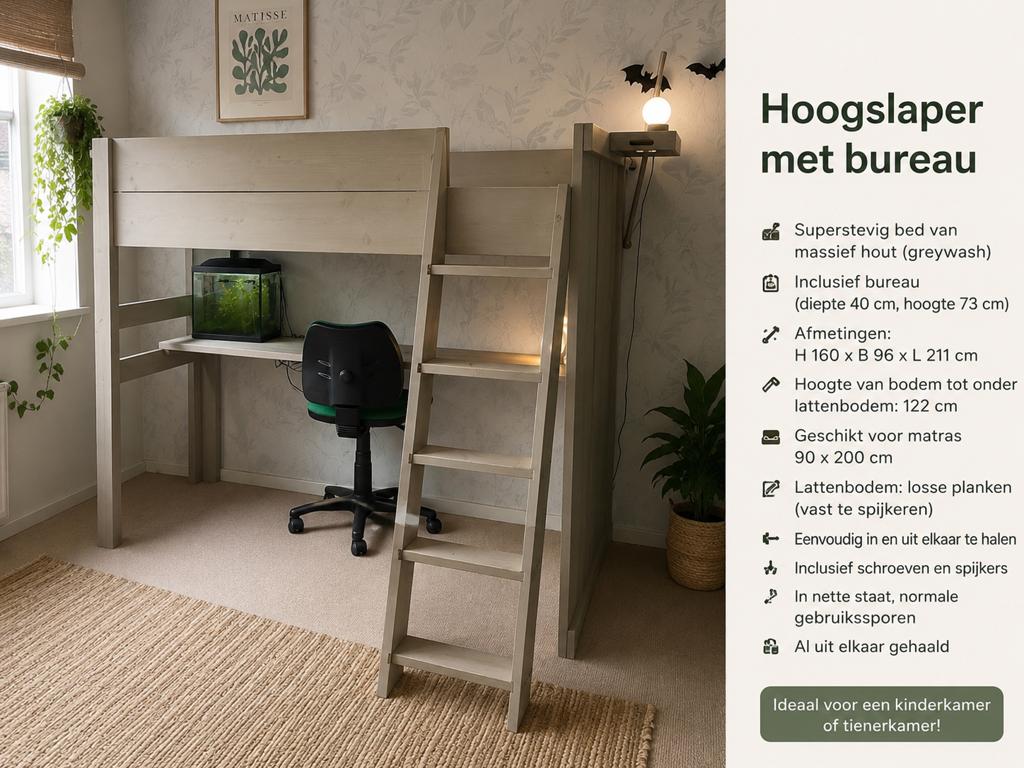 Hoogslaper (160 cm) met bureau – massief hout – greywash, Huis en Inrichting, Slaapkamer | Stapelbedden en Hoogslapers, Ophalen