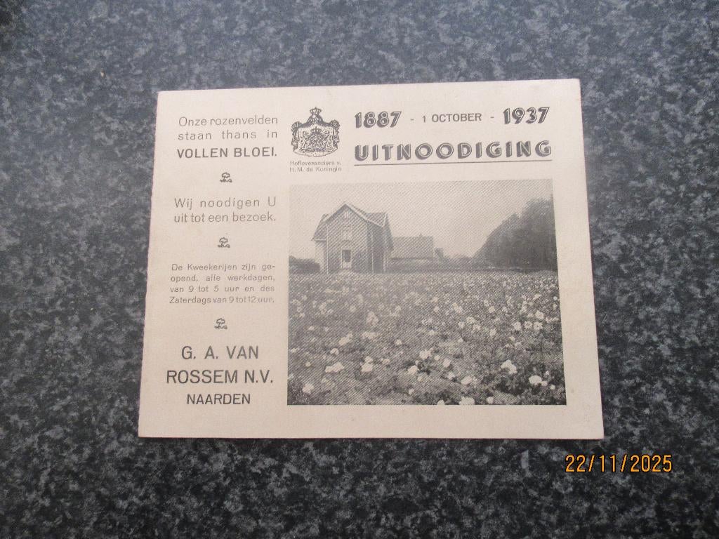 KAART- UITNODIGING KWEKERIJ VAN ROSSEM NAARDEN-1887-1937, Ophalen of Verzenden