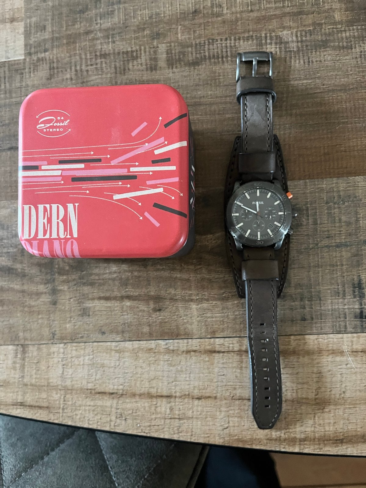 Fossil Herenhorloge,leren band,org. ds., 58 mm doorsnee, Overige merken, Leer, Staal, Polshorloge