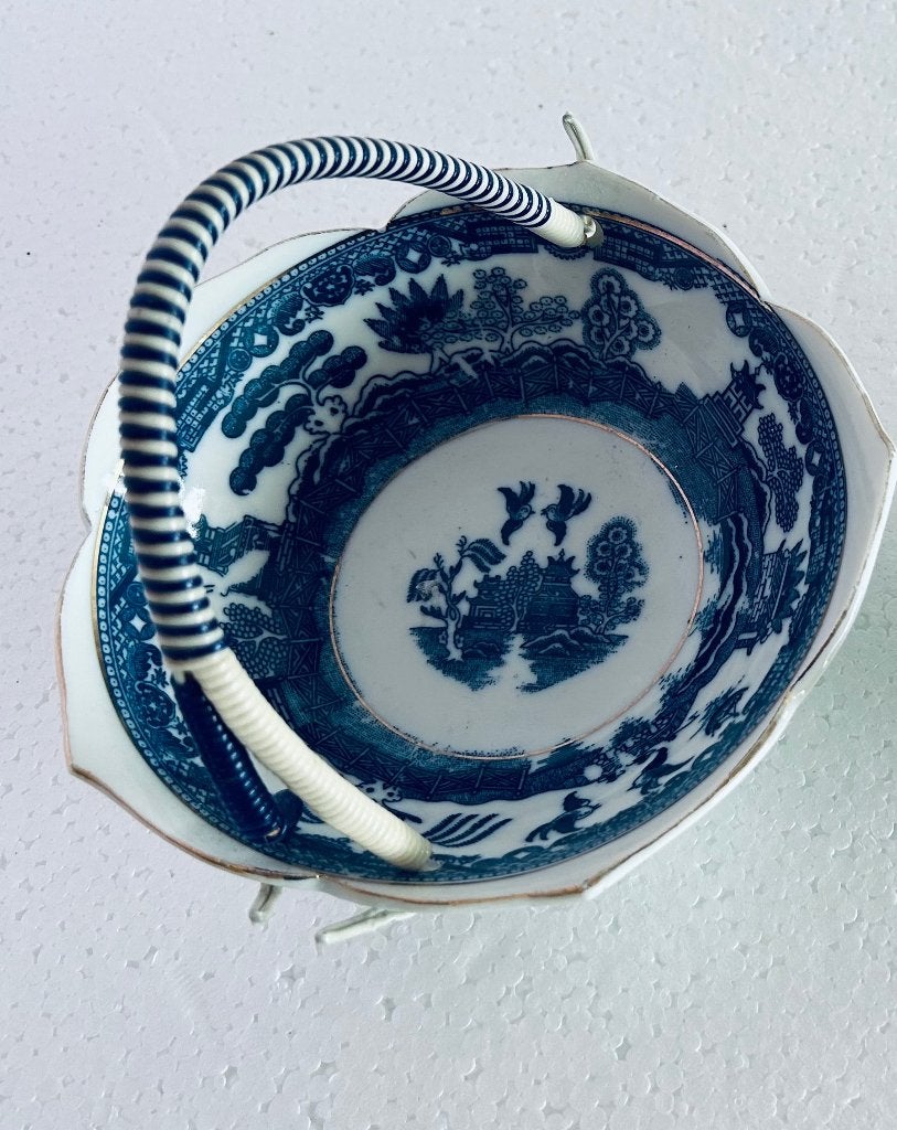 Antiek Blue Willow Bonbonschaaltje met Bamboe Hengsel, Ophalen