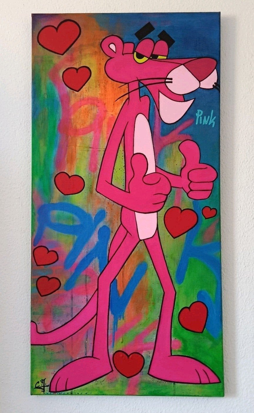 Pink Panther graffiti style canvas, Antiek en Kunst, Ophalen, Handgeschilderd, Gemengde techniek, Overige materialen