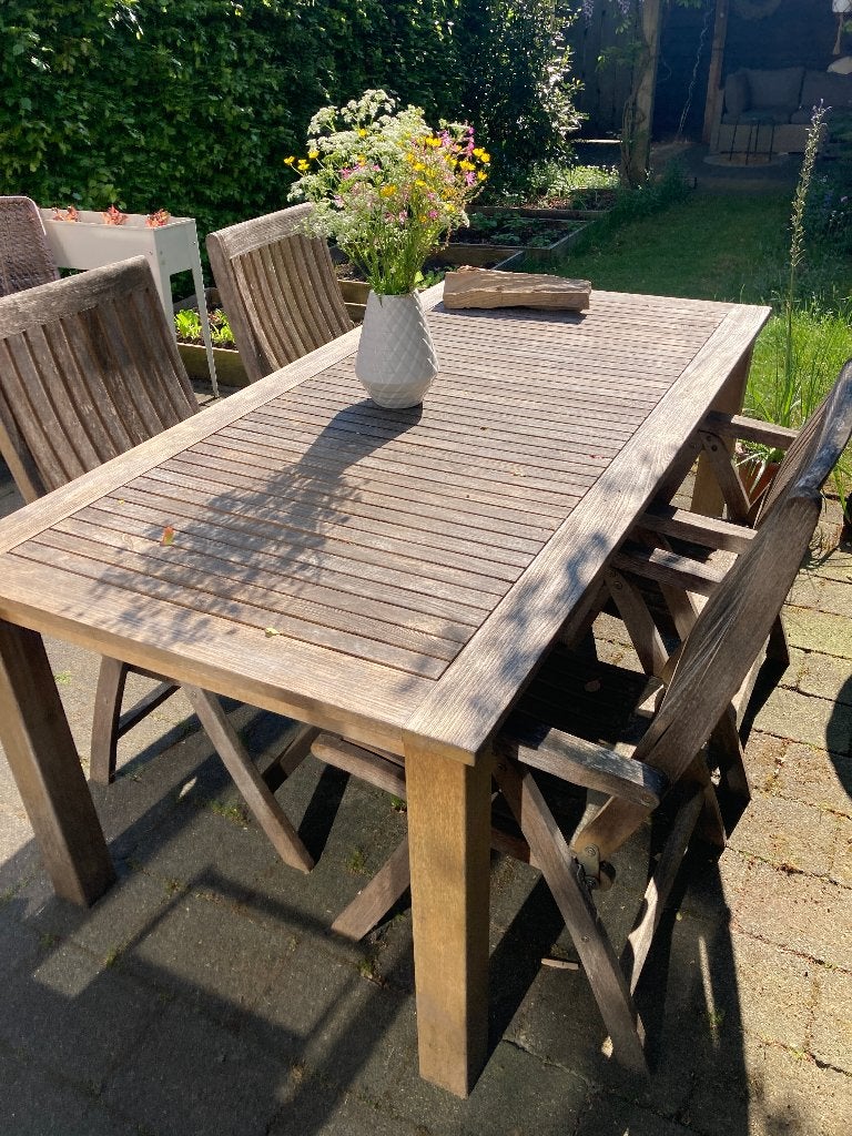 Teakhouten tuinset van Intratuin, Ophalen, 4 zitplaatsen, Gebruikt, Teakhout