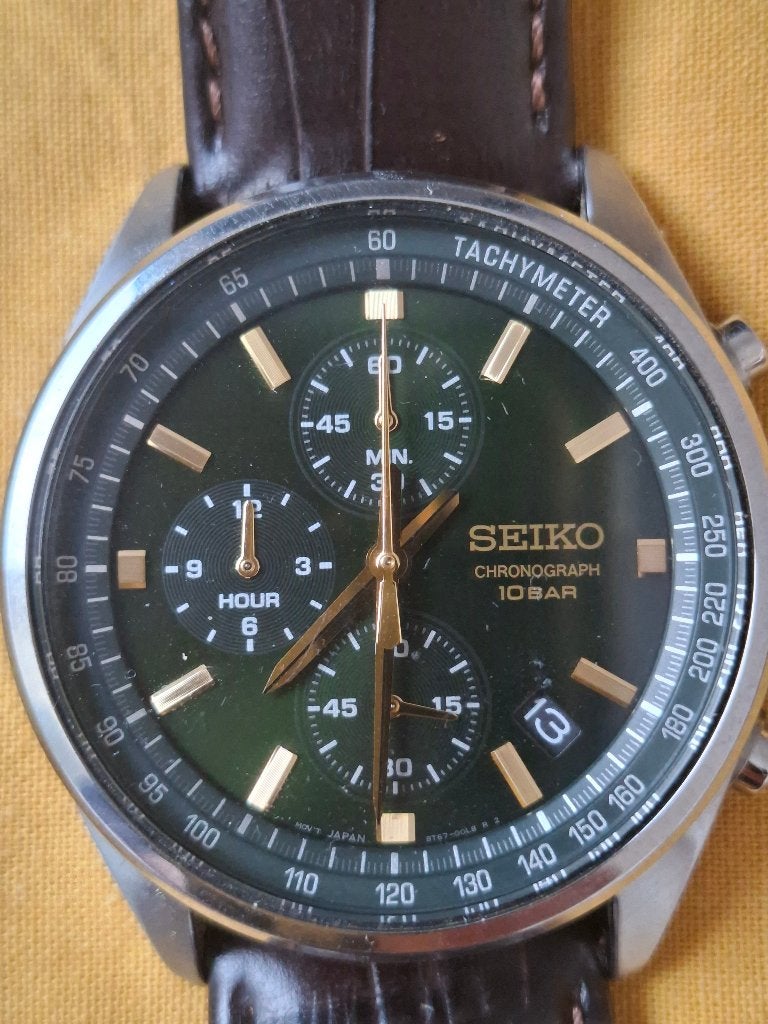 Seiko Chronograaf  SS385P1 groene wijzerplaat, Sieraden, Tassen en Uiterlijk, Seiko, Leer, Staal, Ophalen of Verzenden