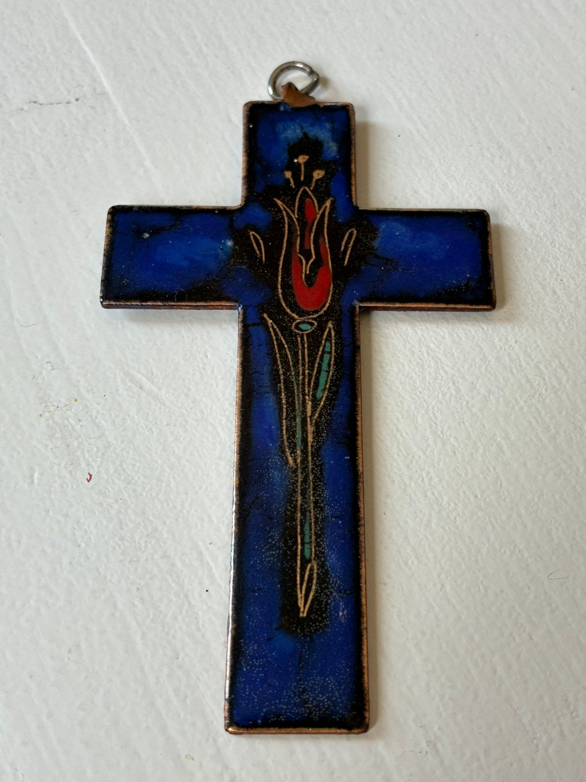 Kruisje emaille hanger blauw met rode tulp vintage, Ophalen of Verzenden, Gebruikt, Blauw, Overige materialen