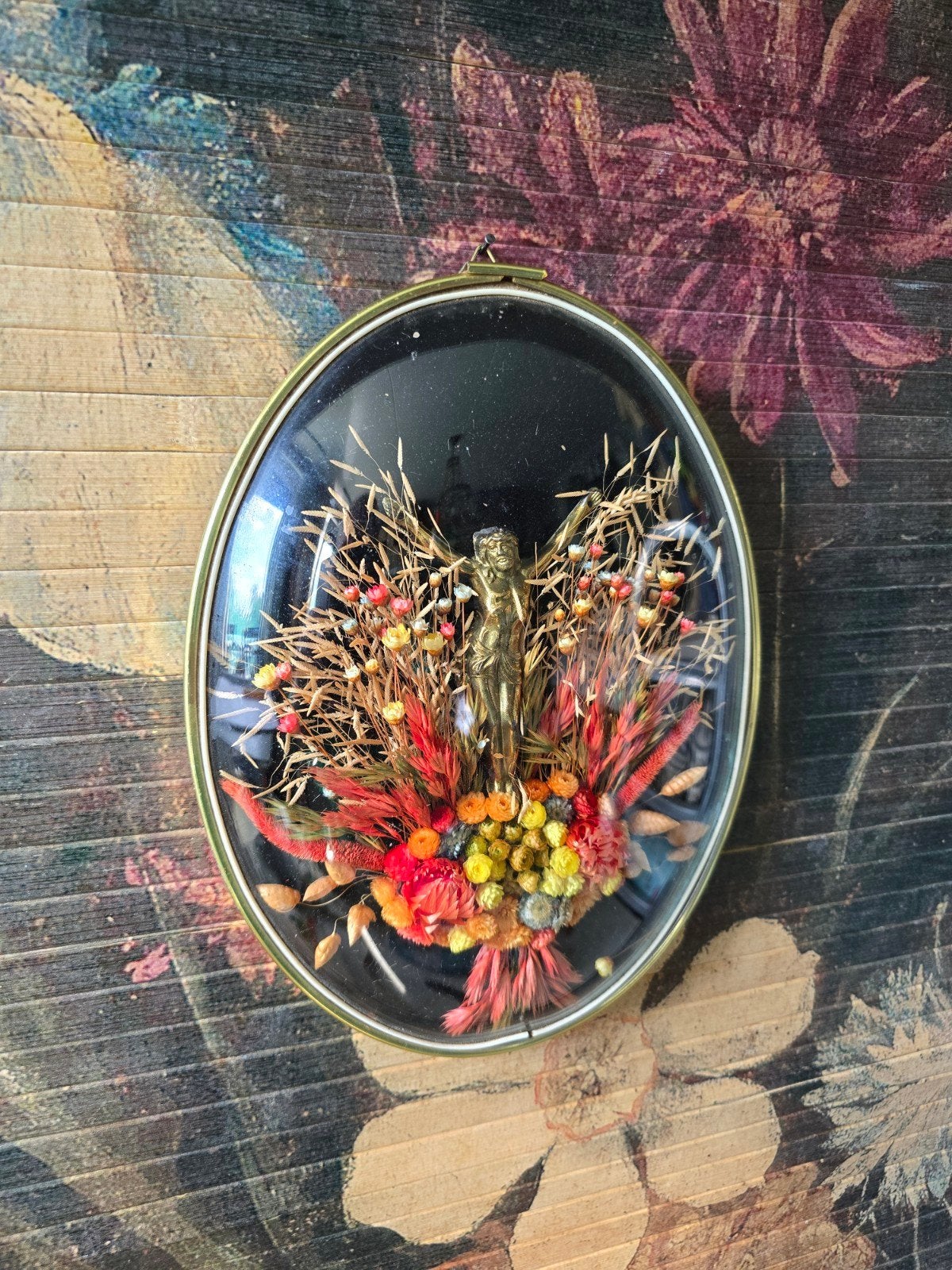 Oud bolglas lijst droogbloemen Jezus, Ophalen of Verzenden