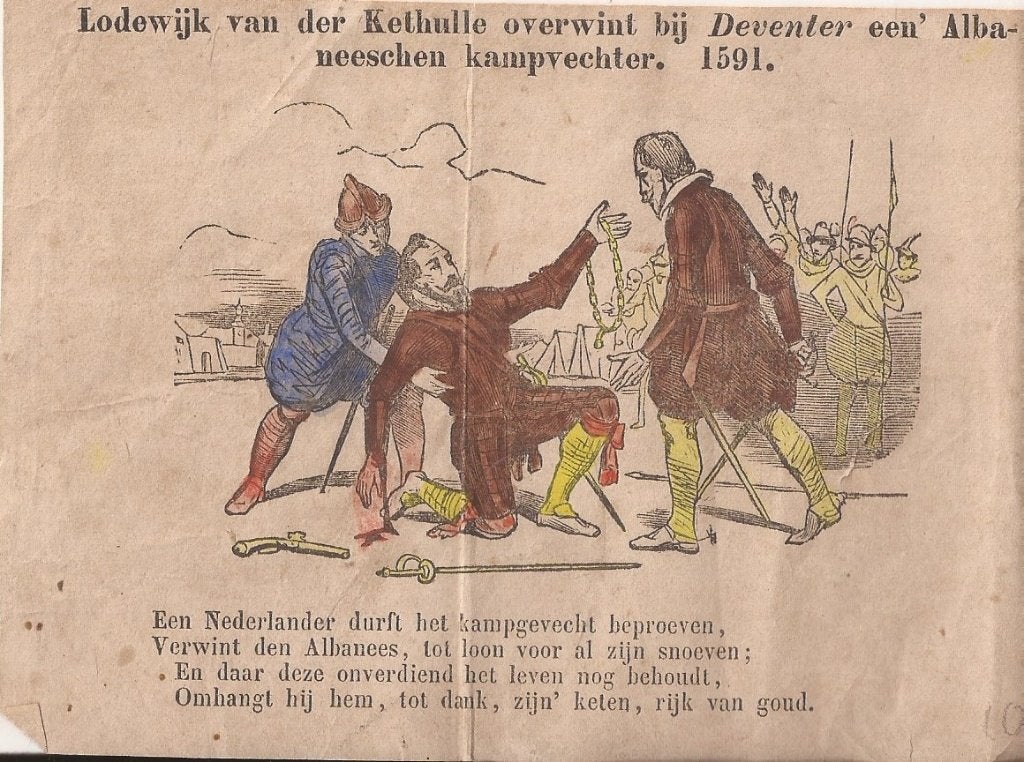 Lodewijk van der Kethulle overwint bij Deventer een Albanees, 1800 - 1899, Ophalen of Verzenden, Gravure, 7 cm