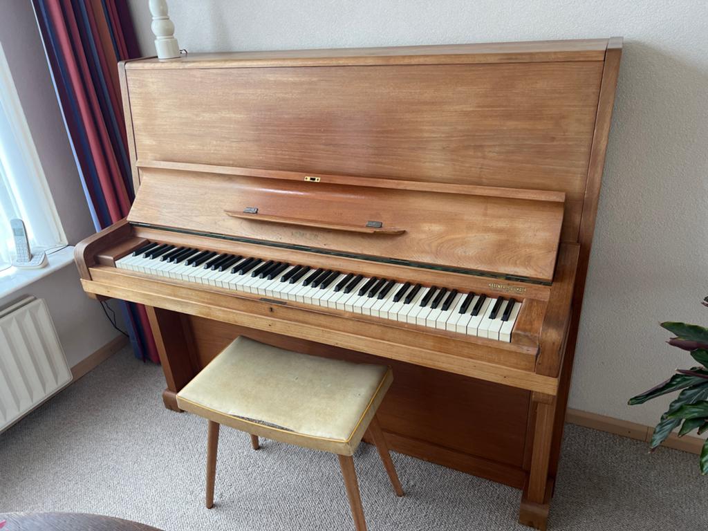 Houten piano met krukje, Irmler nr. 26110 teak uit 1920-1940, Ophalen, Gebruikt, Bruin, Piano
