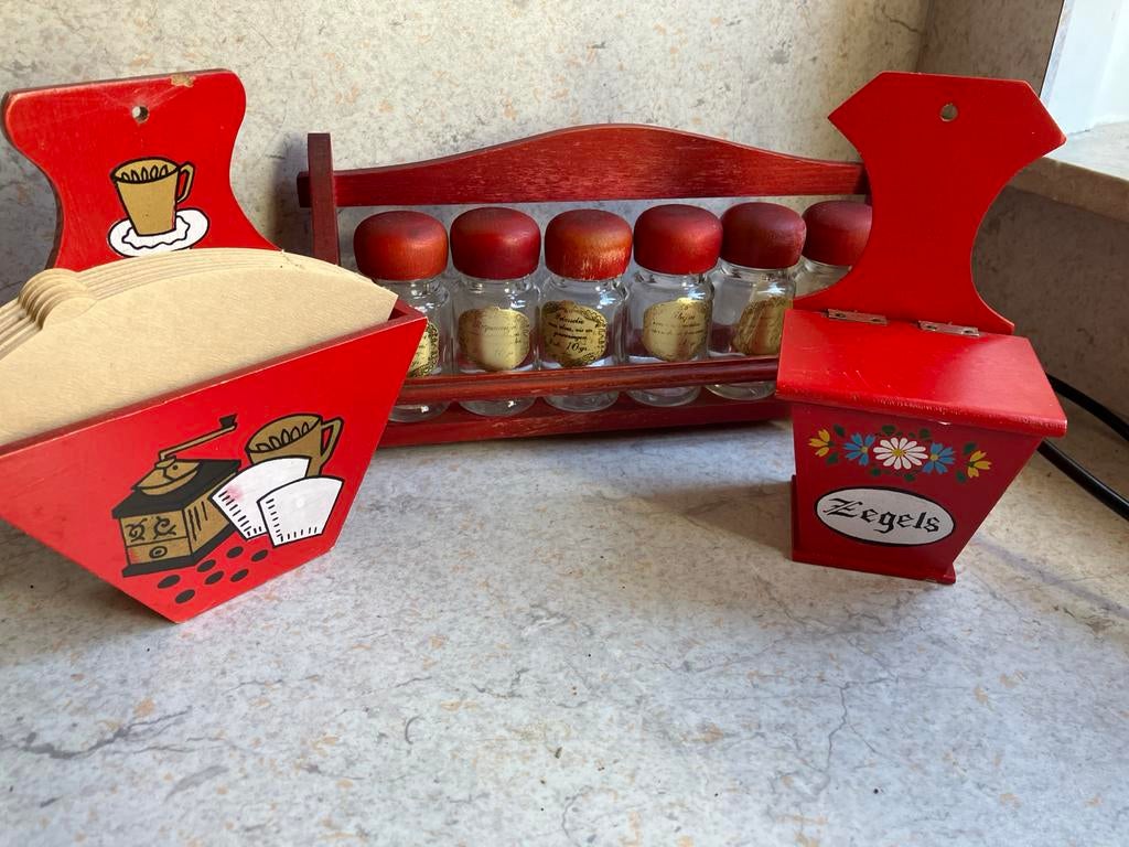 Vintage houten keukenaccessoires: koffiefilterhouder, kruide, Ophalen of Verzenden