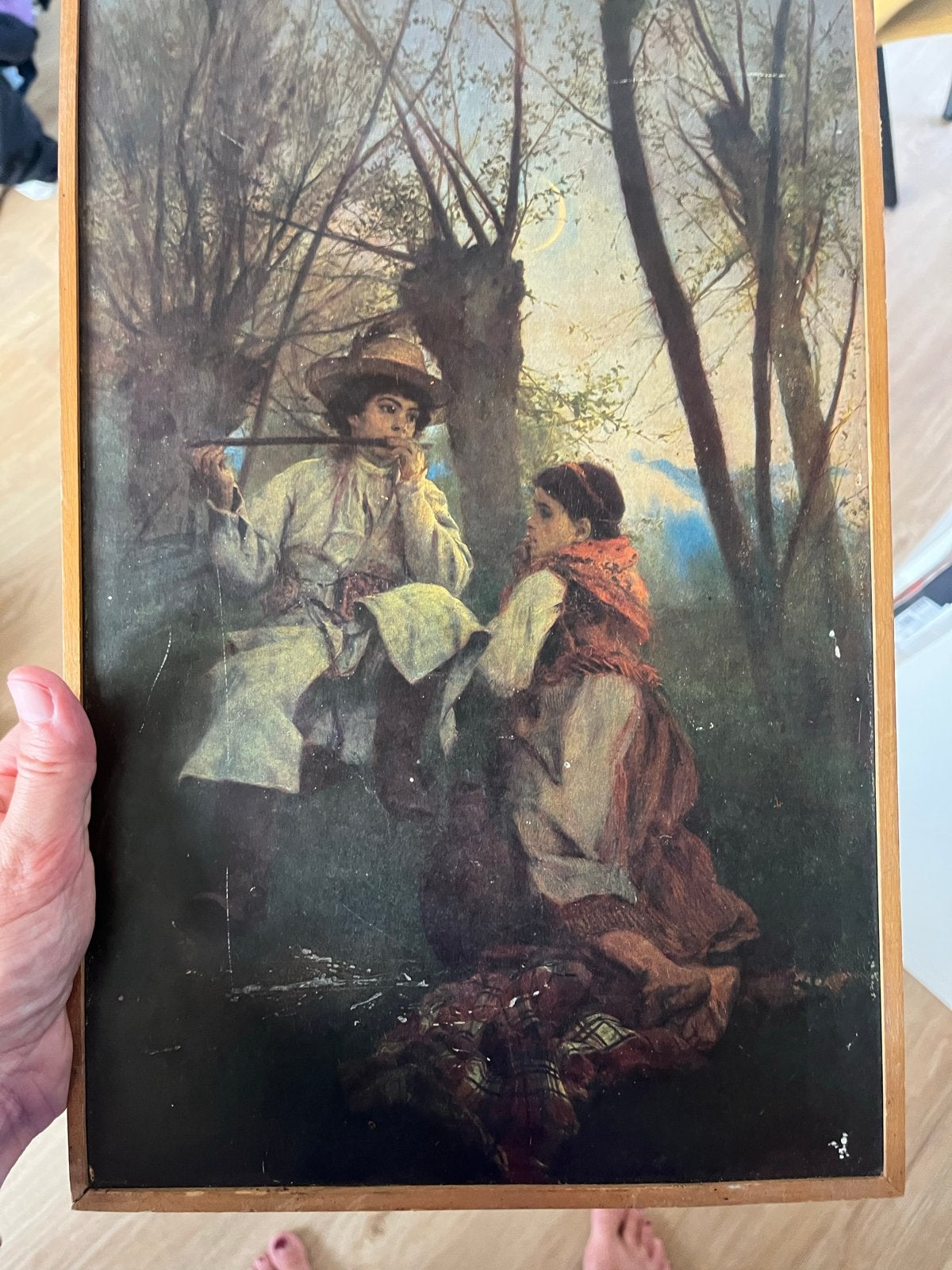 Bohemian Vintage Schilderij: Herder met fluit en meisje, Antiek en Kunst, Kunst | Schilderijen | Klassiek, Paneel, Portret of Personen