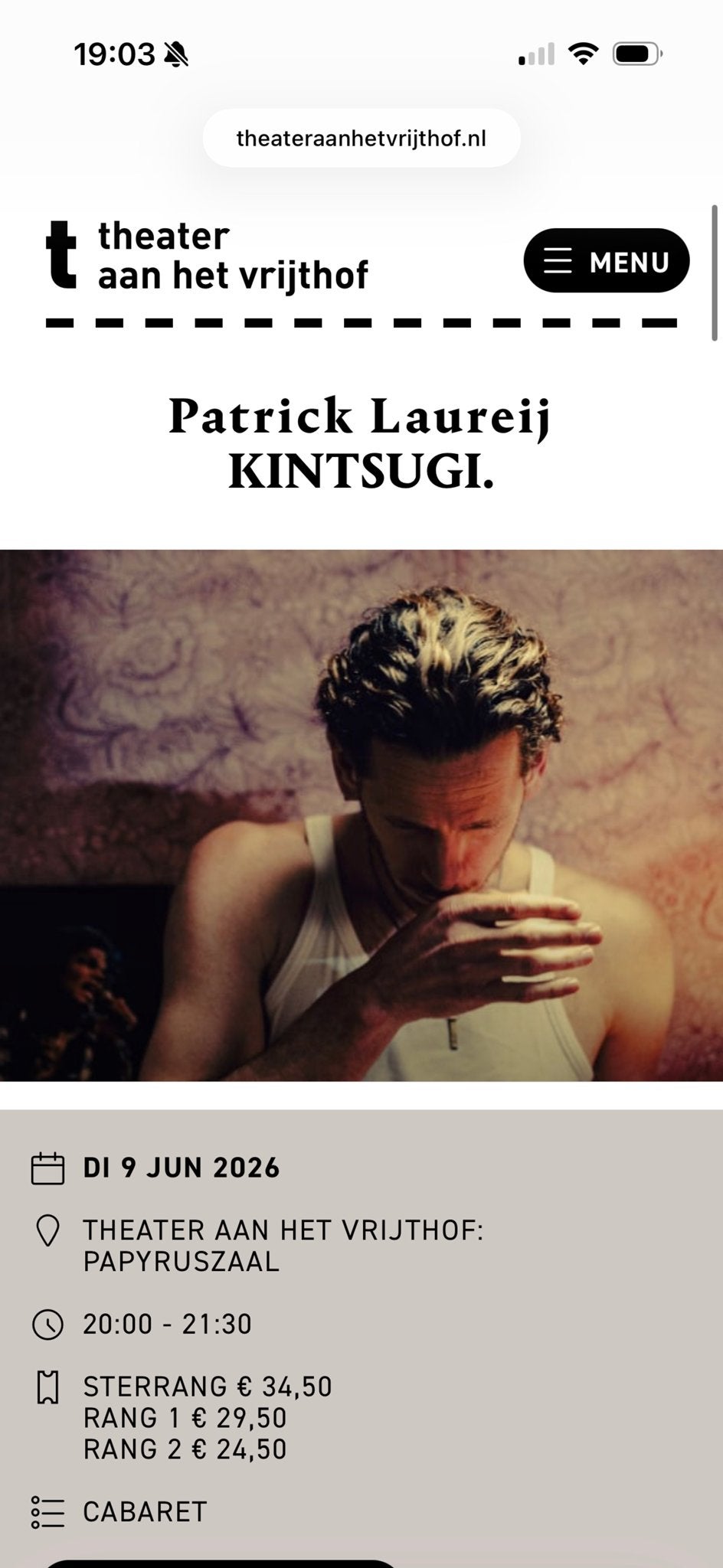 2 tickets theater aan het vrijthof patrick laureij 09 juni, Twee personen, Juni