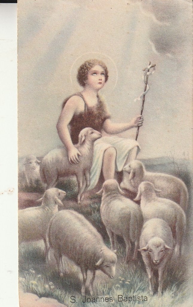 Antieke prent: S. Joannes Baptista met lammeren, Ophalen of Verzenden, Gebruikt, Kaart of Prent, Christendom | Katholiek