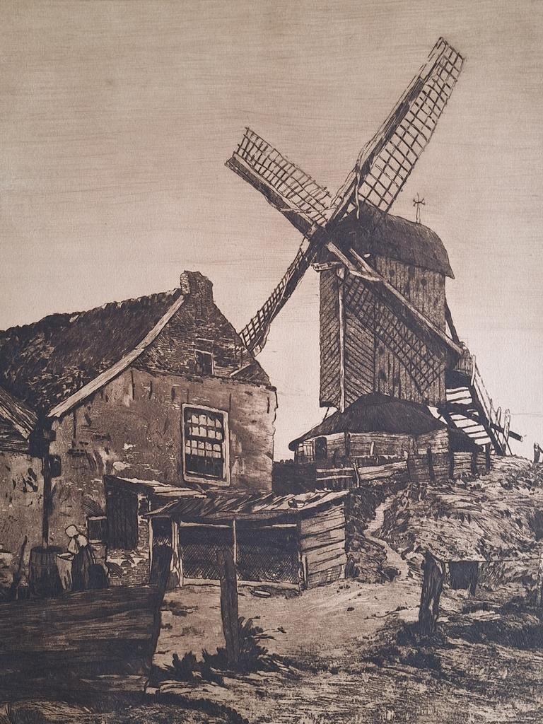 Ets Molen te Huizen 1913 - Hendrik Weegewijs, Antiek en Kunst, Ets, Ophalen of Verzenden, Landschap, Origineel