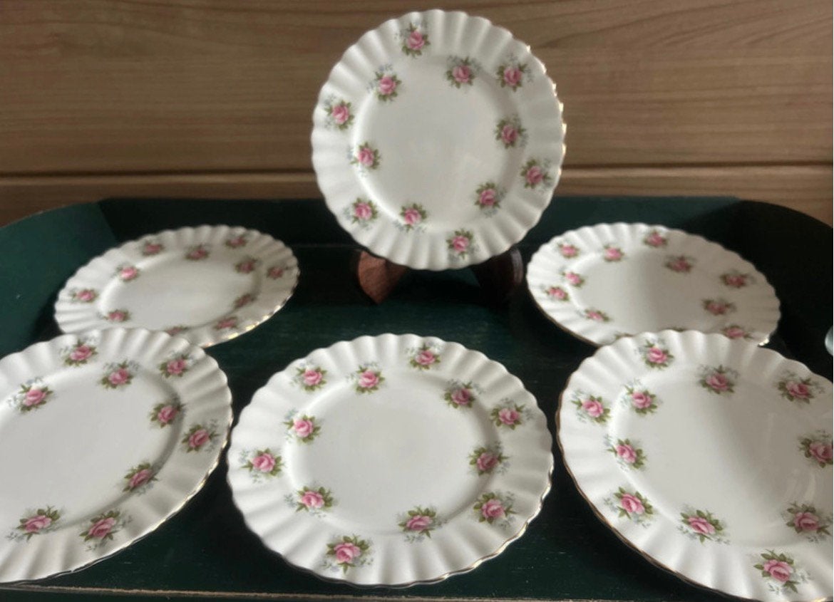 6 Royal Albert Forget-me-not Rose gebaksbordjes/side plates, Ophalen of Verzenden, Zo goed als nieuw, Porselein, Kop en/of schotel