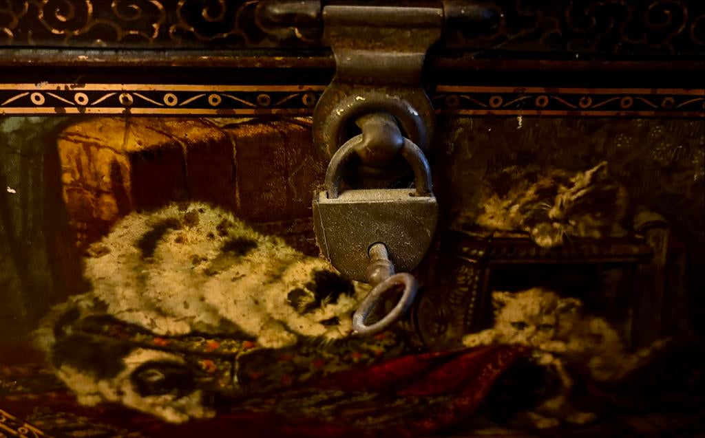 Antieke Katten Theebus / Sieradendoosje met Slot, Antiek en Kunst, Ophalen of Verzenden