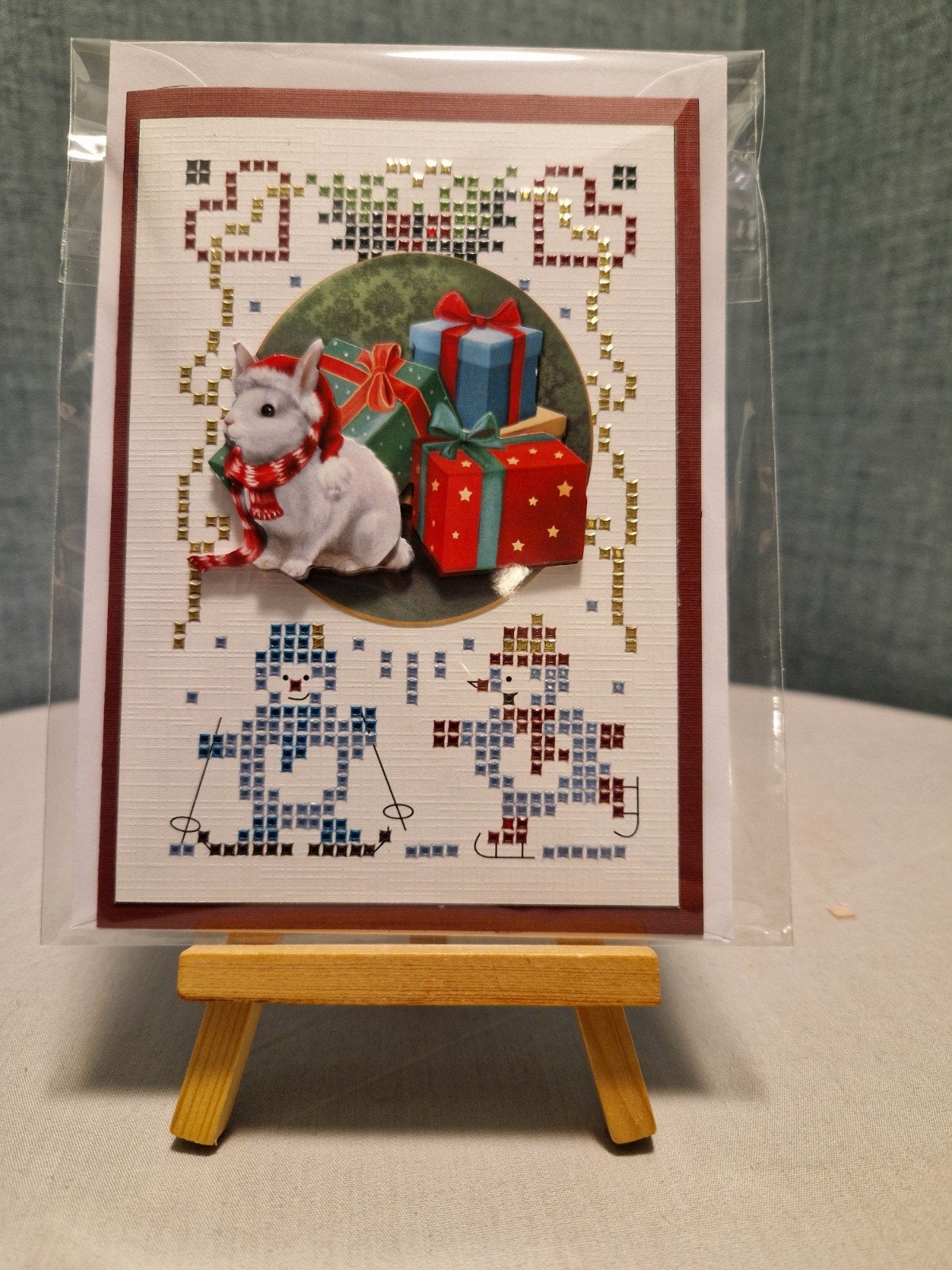 Kaartje hobbydots sparkles kerst wit konijntje met pakjes, Ophalen of Verzenden, Nieuw, Kerst