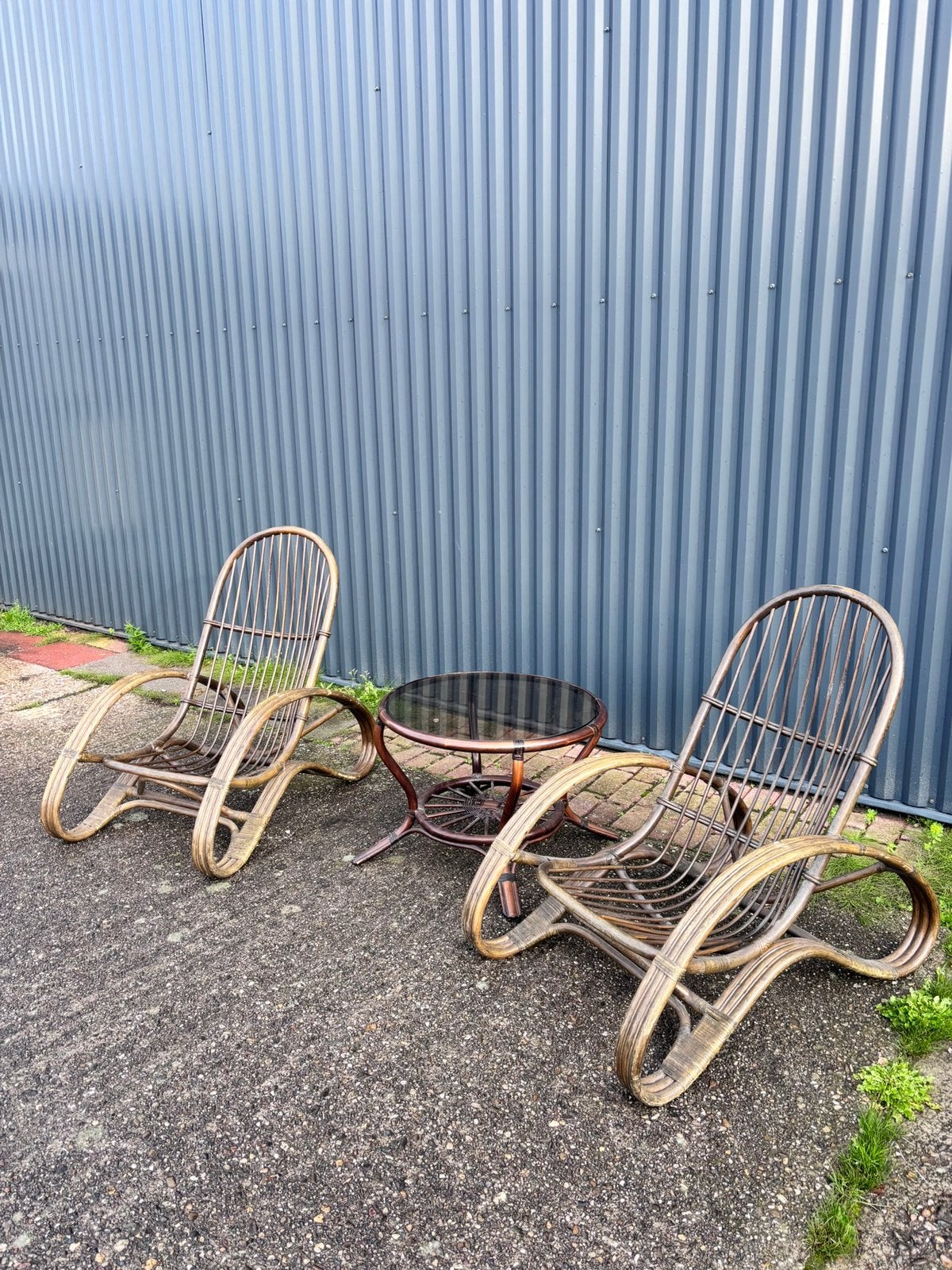 Vintage rotan set tuinset fauteuil, Ophalen, Gebruikt, C, C