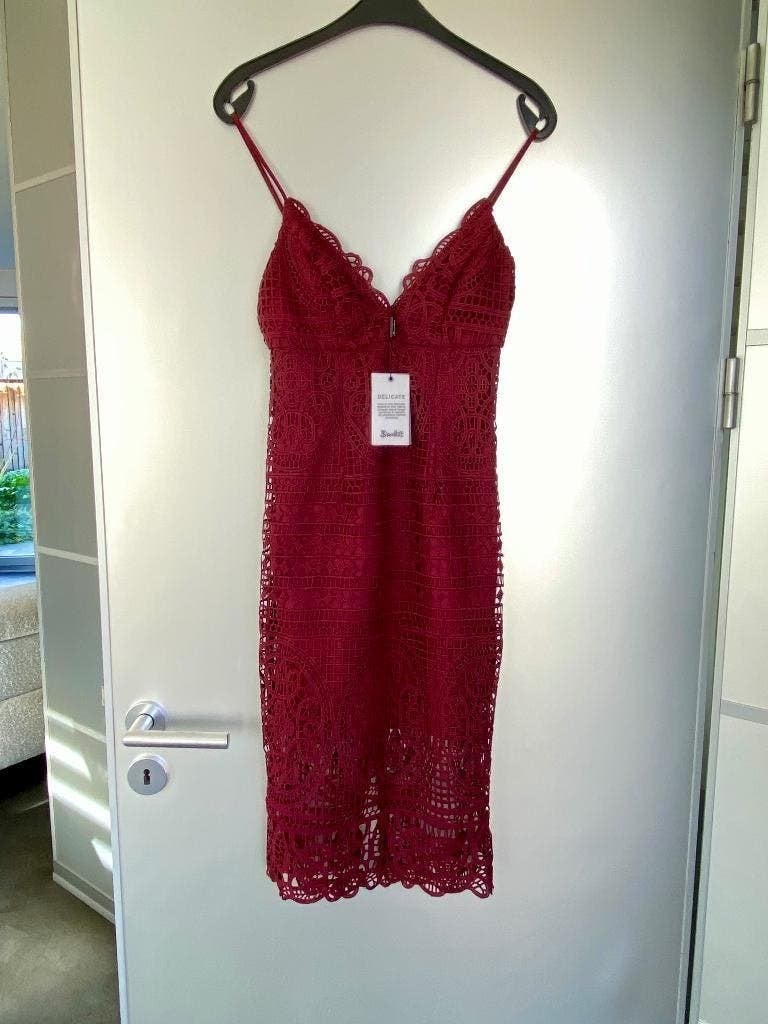 J593 Nieuw: Bardot mt 34=XS jurk feest jurkje cocktail gala, Nieuw, Ophalen of Verzenden, Knielengte, Bardot