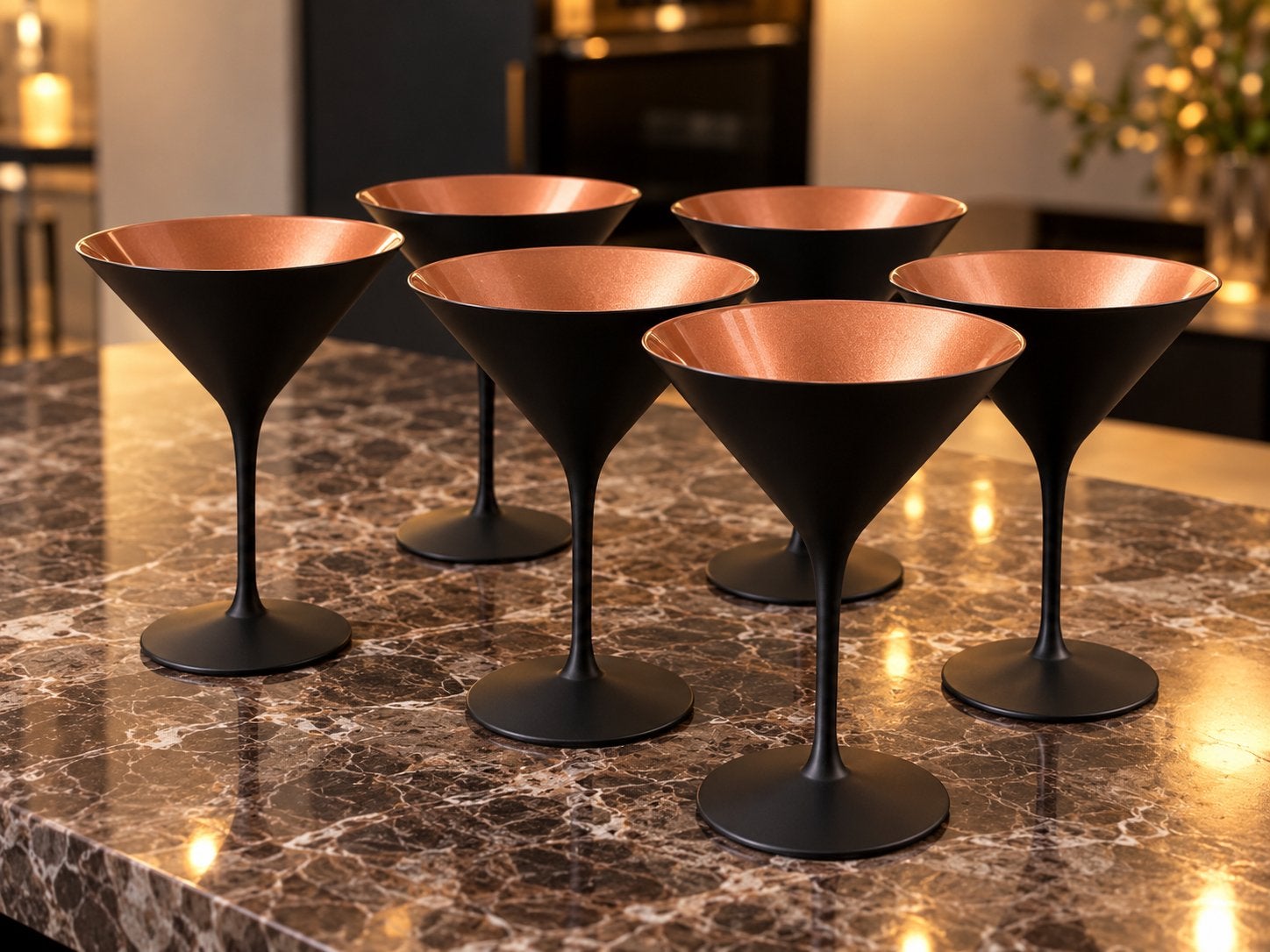 6 luxe martini of coctail glazen  – zwart/koper, Huis en Inrichting, Glas of Glazen, Ophalen of Verzenden, Overige stijlen, Glas