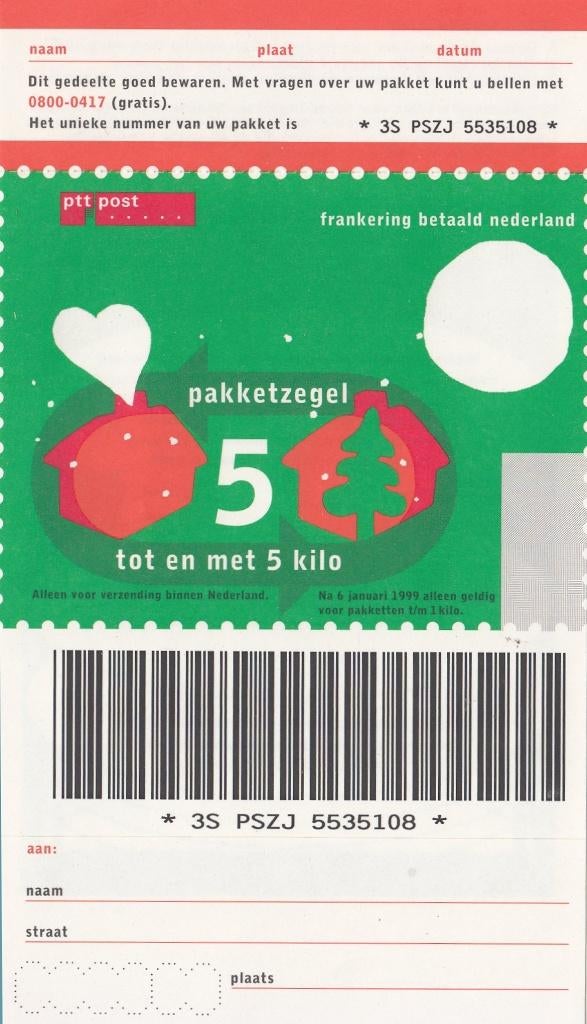 Nederland Gelegenheidspakketzegel december 1998 ongebruikt, Ophalen of Verzenden, Overige typen