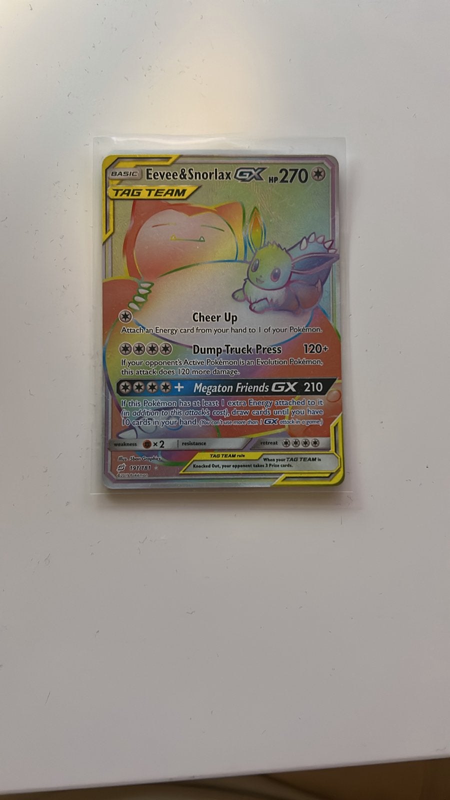 Eevee & Snorlax GX Rainbow Rare Pokémon Kaart, Ophalen of Verzenden, Zo goed als nieuw, Losse kaart, Foil