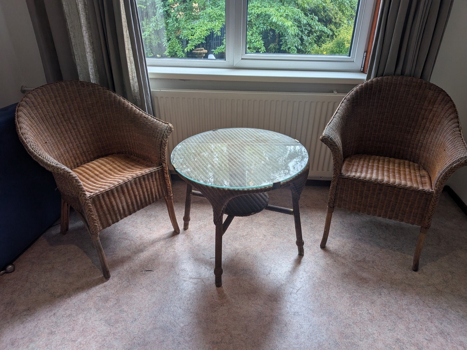 Vintage rotan zithoek – 2 fauteuils met bijpassende tafel en, Gebruikt, Rotan, Bijzettafel, Loungeset