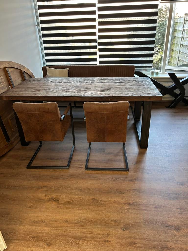 Industriele eettafel met boomstam blad ,metalen poten, Huis en Inrichting, Tafels | Eettafels, Ophalen, 200 cm of meer, 50 tot 100 cm