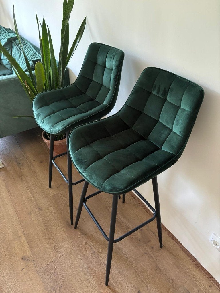Barkrukken groen velvet - Set van twee, 2 krukken, Ophalen, Zo goed als nieuw, 90 cm of meer