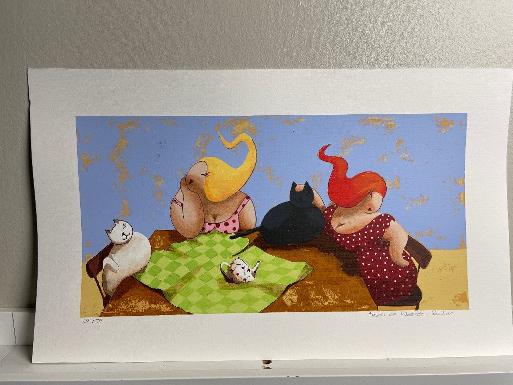 Susan de Waardt - Ruiter - Zeefdruk - 2 dames 2 katten, Antiek en Kunst, Kunst | Litho's en Zeefdrukken, Ophalen of Verzenden