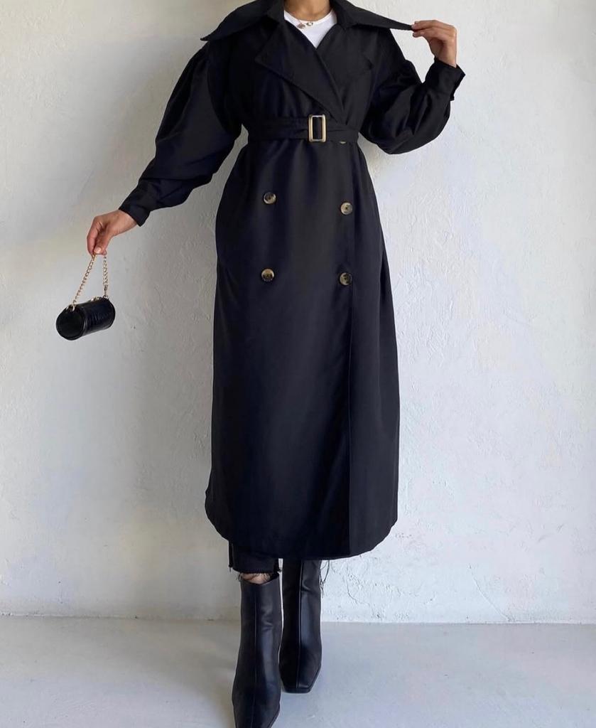Zwarte Trench Coat, Ophalen of Verzenden, Zo goed als nieuw, Maat 42/44 (L), Zwart
