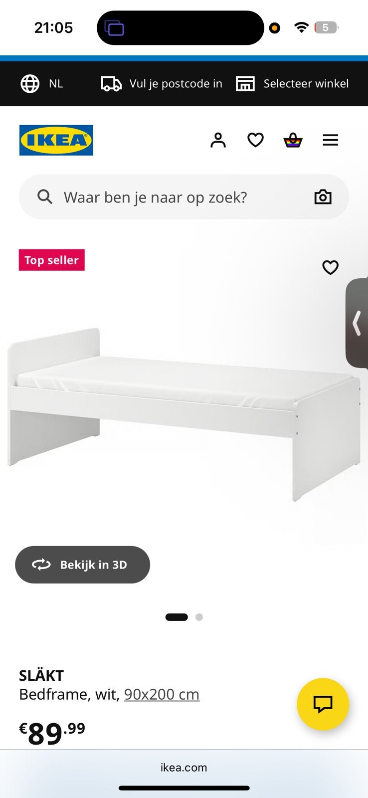 Ikea bed, Ophalen, Eenpersoons, Wit, 140 cm