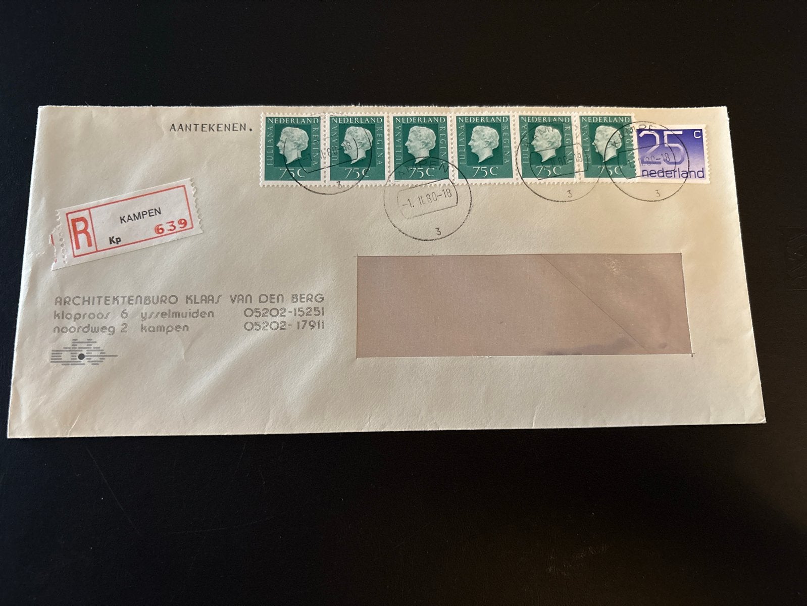 Aangetekende envelop 1980 Kampen met Juliana postzegels, Postzegels en Munten, Ophalen of Verzenden, Envelop