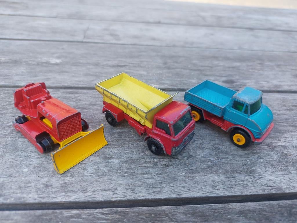 Vintage Matchbox auto's: bus, kiepwagen, shovel, brandweer, Ophalen of Verzenden, Gebruikt