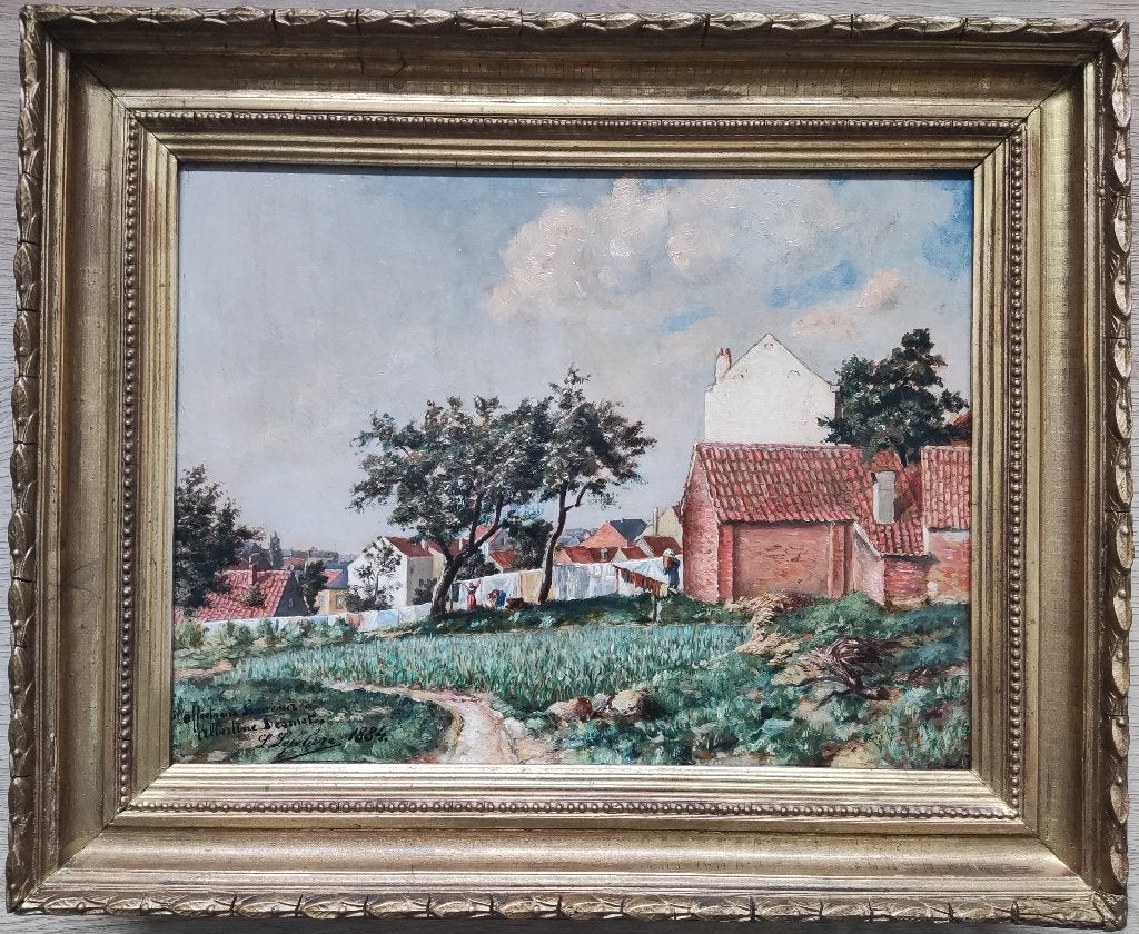 Louis Valère Lefebvre (1840-1902) - Gezicht op huizen (1884), Antiek en Kunst, Kunst | Schilderijen | Klassiek, Paneel, Ophalen of Verzenden