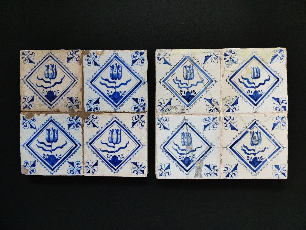 2 Tegeltableaus Vier tegel Delftsblauw tulp in kwadraat, Ophalen of Verzenden