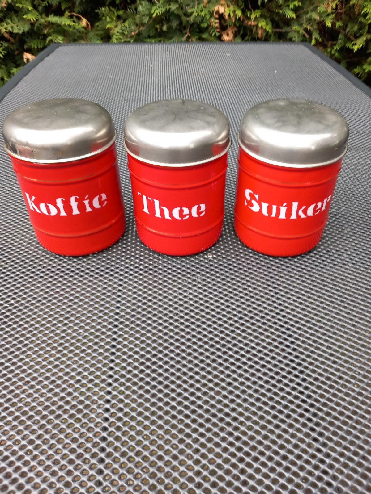 Rood emaille koffie-thee en suikerbussen, Ophalen of Verzenden
