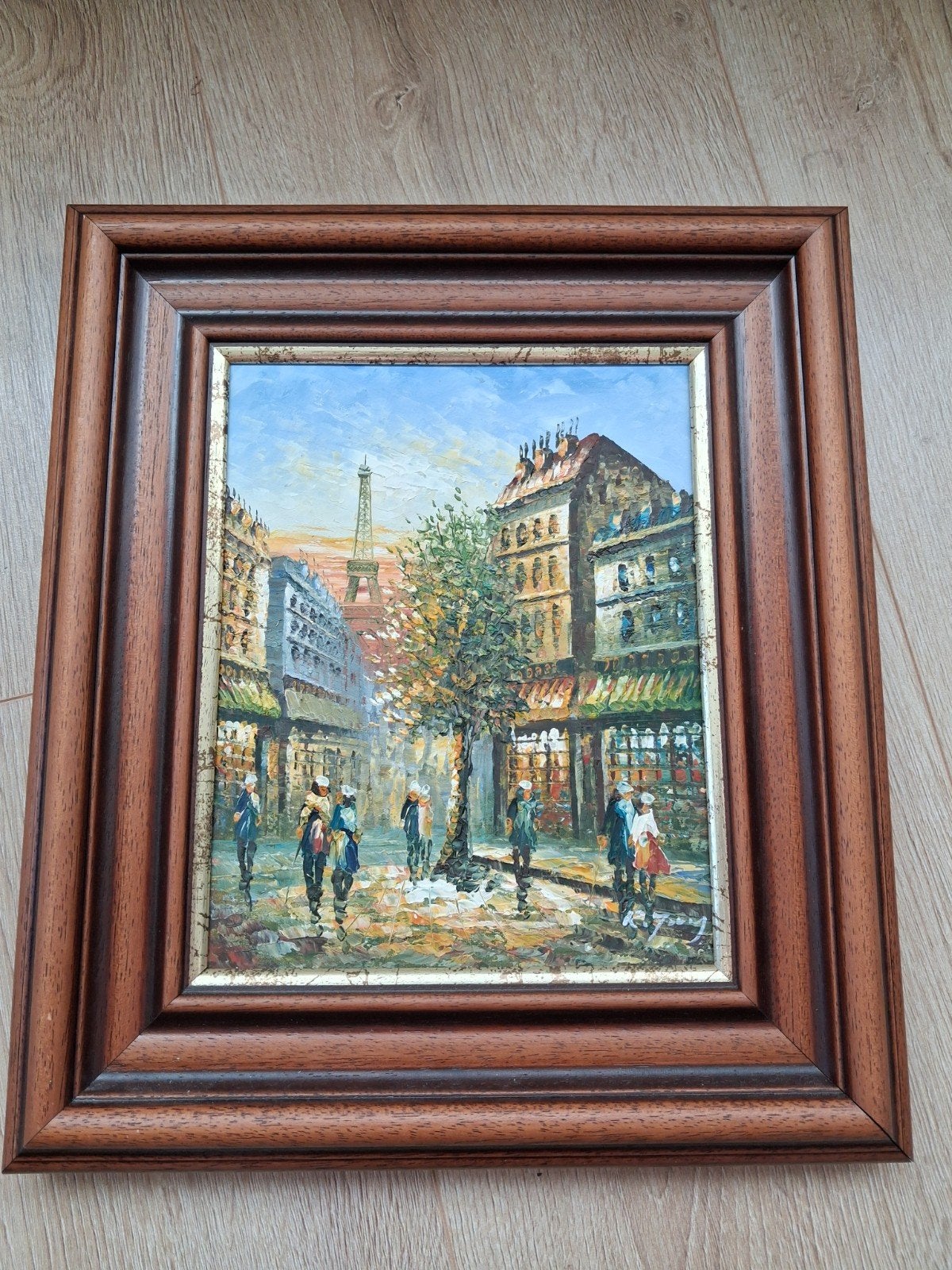Schilderij R. Young Parijs straatbeeld met Eiffeltoren, Antiek en Kunst, Doek, Origineel werk, Ophalen of Verzenden, Olieverf