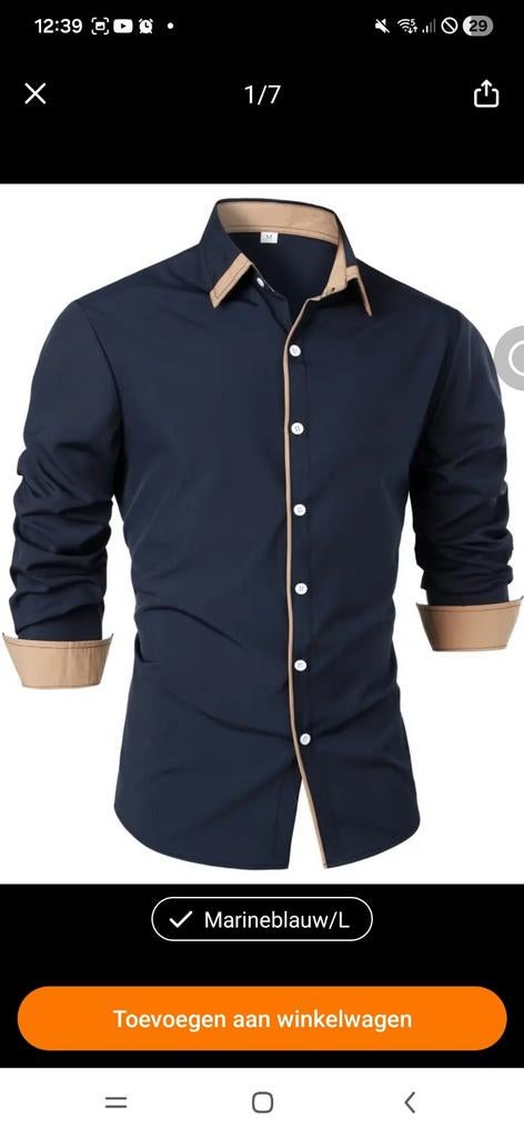 Heren overhemd blauw met bruine details, Ophalen of Verzenden