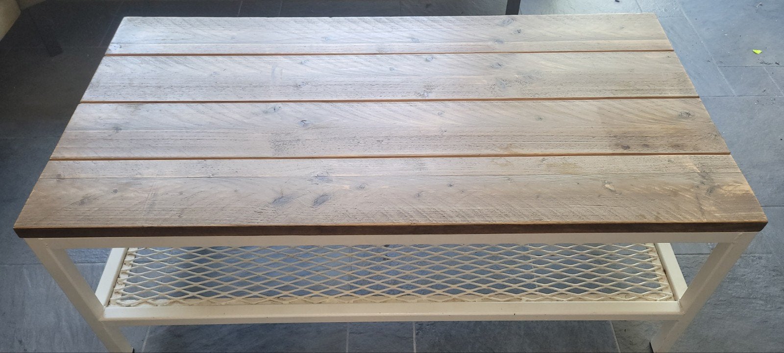 Salontafel Steigerhout met wit onderstel, Ophalen, Gebruikt, 50 tot 100 cm, Metaal