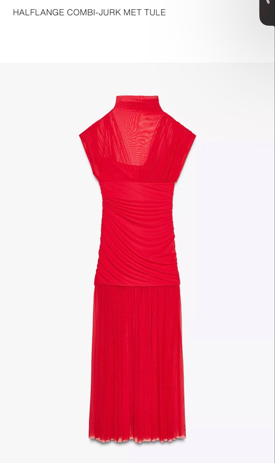 Rode combi-jurk met tule en geplooide rok, Maat 38/40 (M), Verzenden, Nieuw, Rood