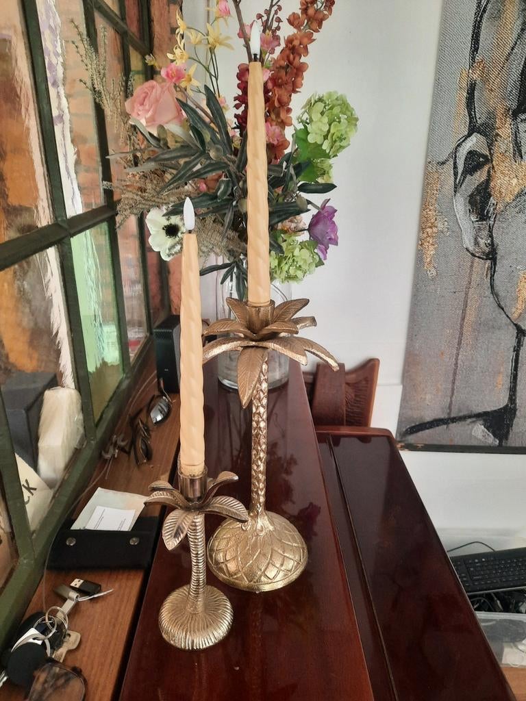 2 Gouden Palmbomen Kaarsenstandaards, Antiek en Kunst, Antiek | Kandelaars, Ophalen of Verzenden