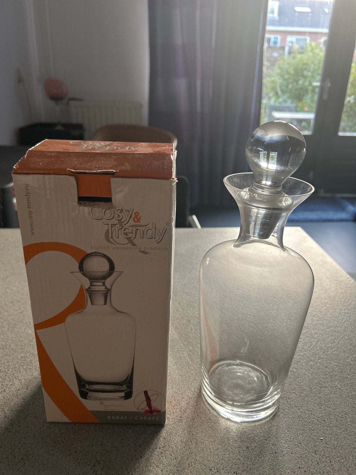 Nieuwe Karaf - 30 cm hoog, 8 cm doorsnede, Transparant, Nieuw, Met deksel, Ophalen of Verzenden