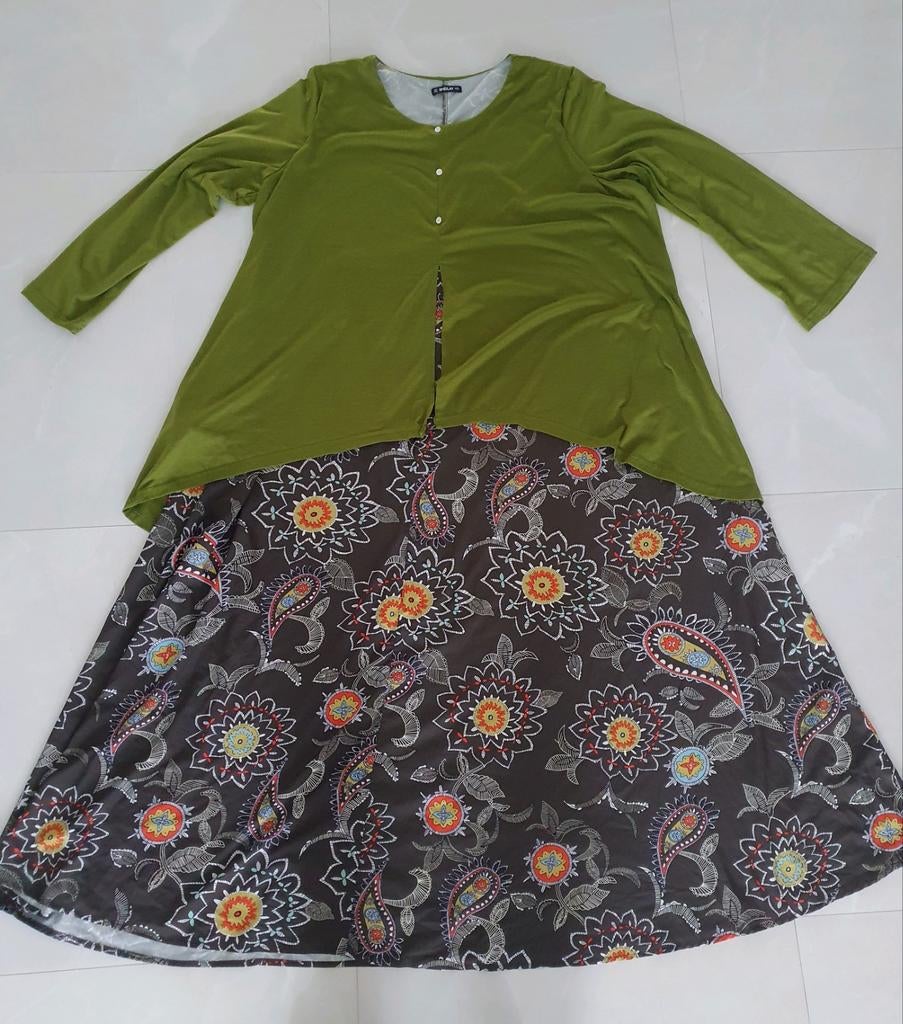 Groen bruin jurk maat 3XL 2 in 1 look jurk vest, Ophalen of Verzenden