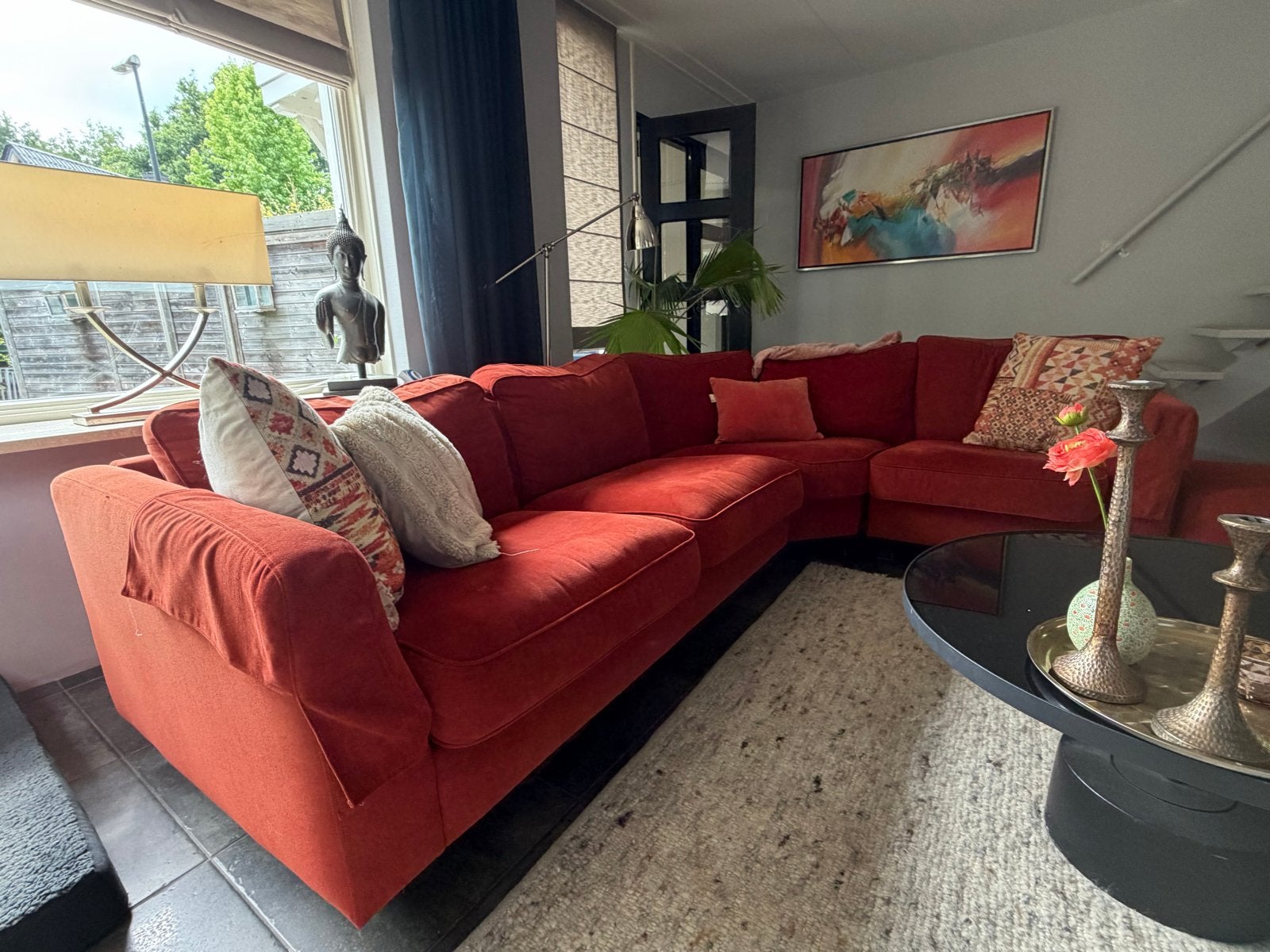 Comfortabele rode hoekbank met poef, Ophalen, Gebruikt, Hoekbank, 300 cm of meer