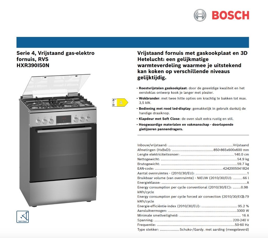Bosch Serie 4, Vrijstaand gas-elektro fornuis, Witgoed en Apparatuur, Fornuizen, Ophalen, 60 cm of meer, 4 kookzones, Zo goed als nieuw